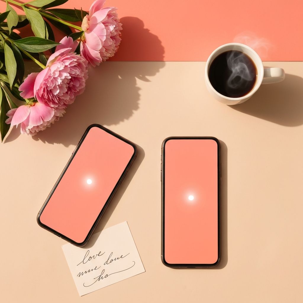 A smartphone showing the LoveLine app alongside peonies and coffee