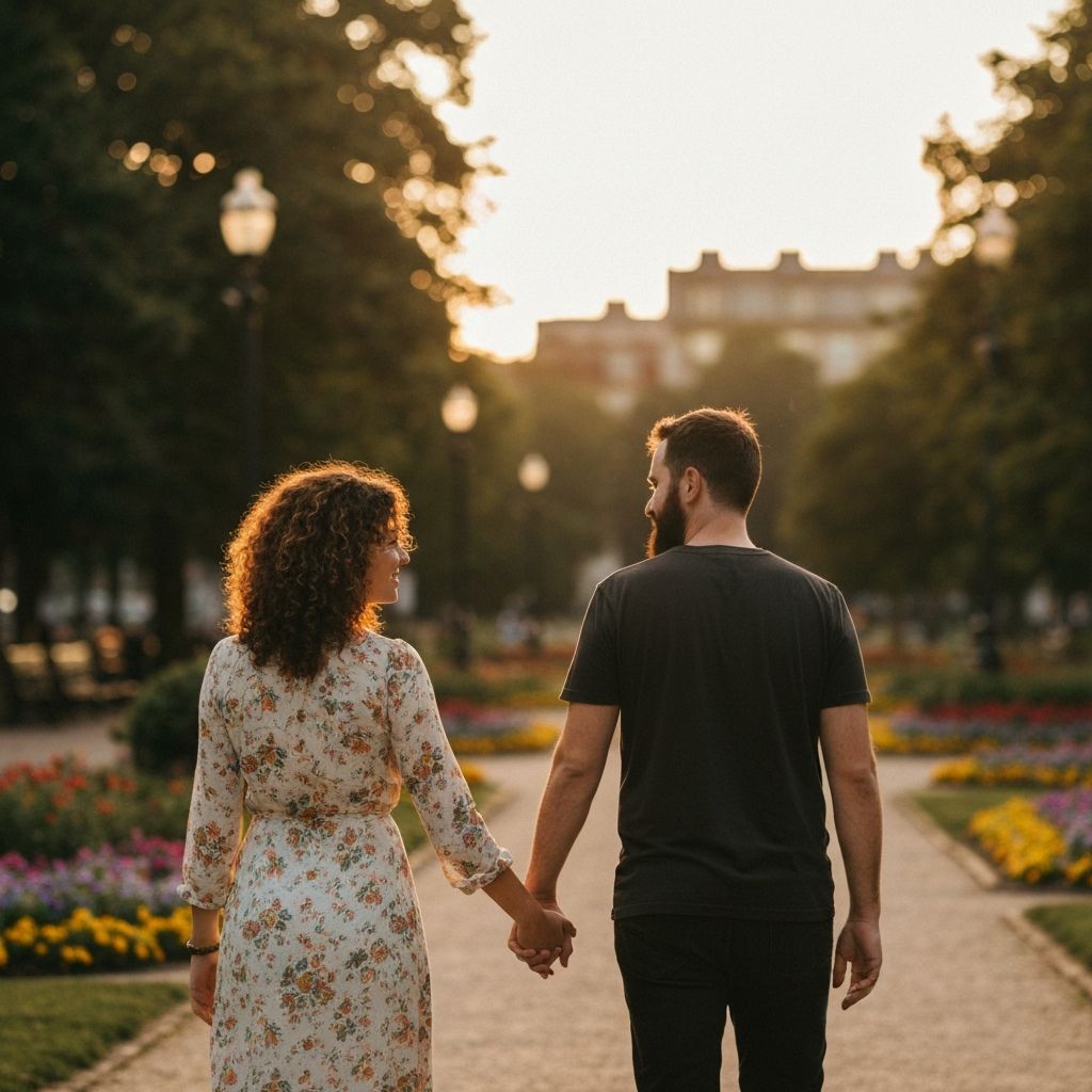 A couple holding hands walking through a sunlit park